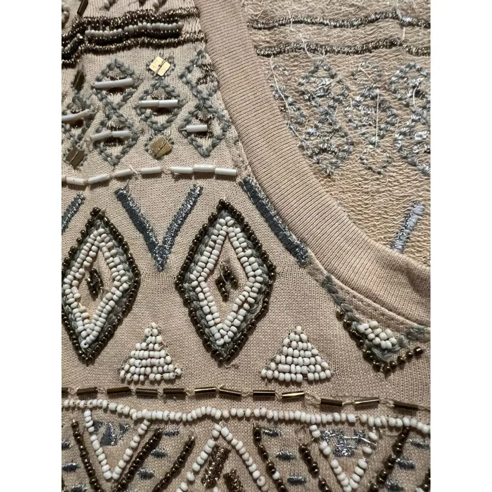 Free People Beaded Tunic Mini Dress Boho Embellished Geometric Tank Neutral